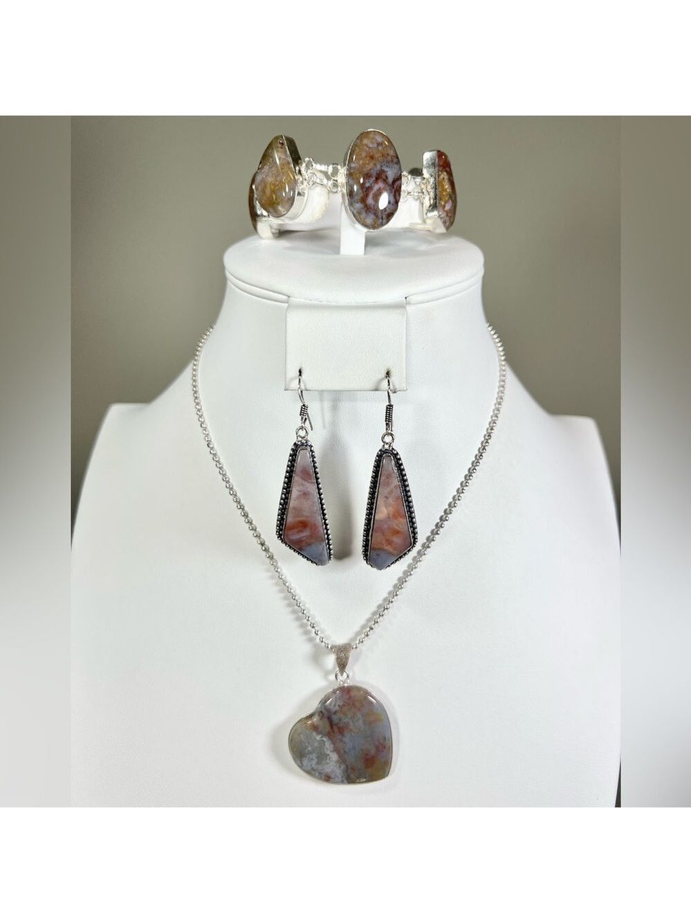 Red Moss Agate 925 Heart Necklace Bracelet Earrings